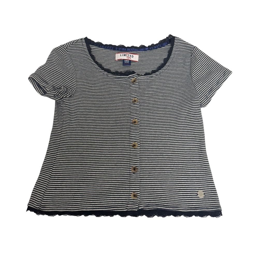 Limited Too Girls Blue Striped Button Front Top Y2K‎ Lace Trim Size Large 12/14